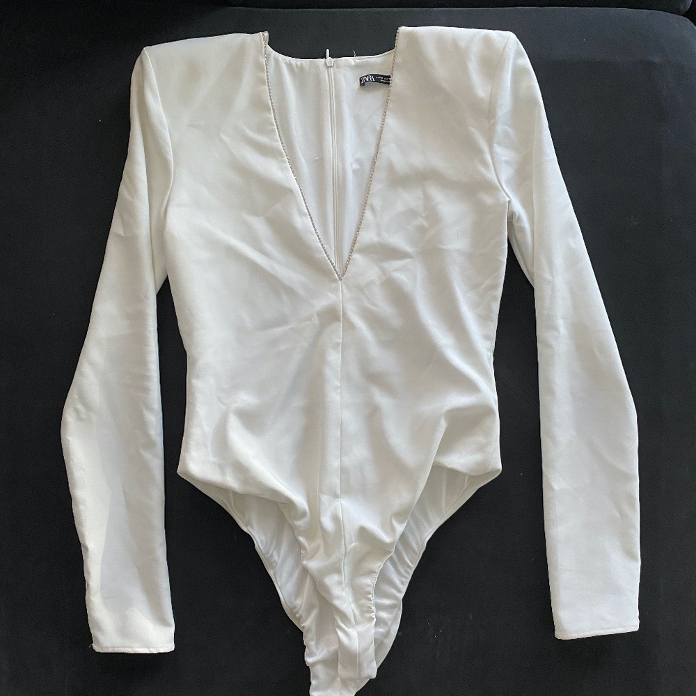 Rhinestone deep V neck bodysuit